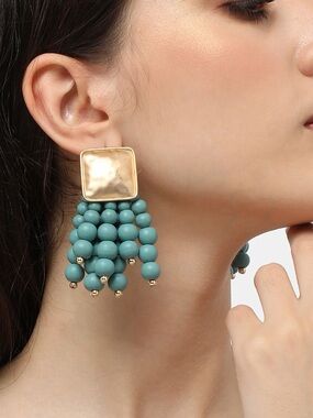 Gold & Teal Beaded Tassel Earrings - Women Jewelry